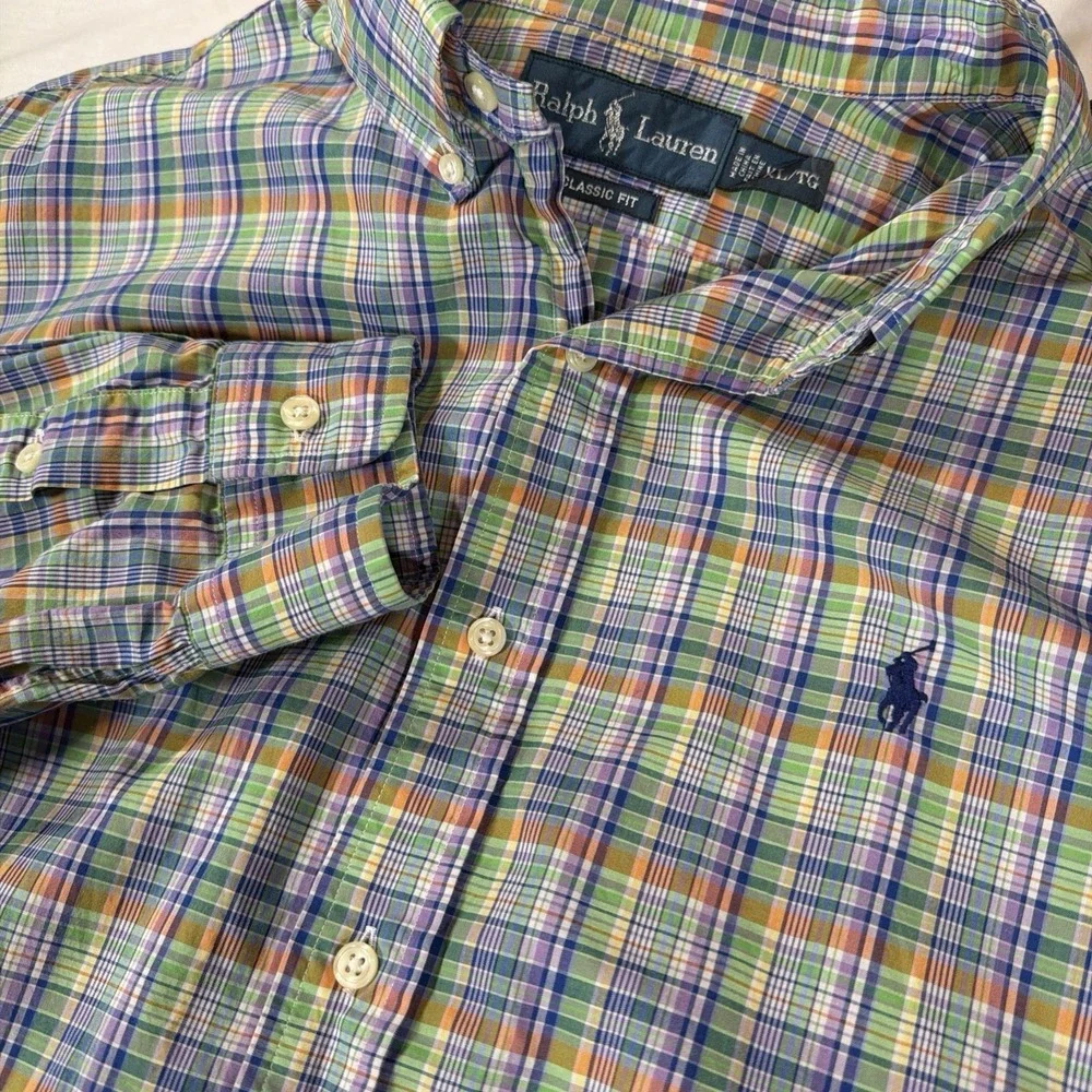 Vintage Polo Ralph Lauren Plaid Shirt Mens‎ XL Green Classic Fit Button Down